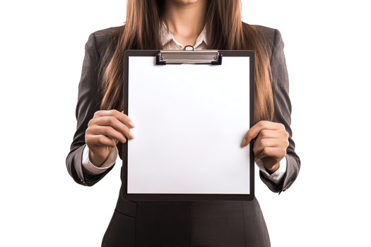 Businesswoman holding blank clipboard. png