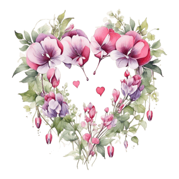 Watercolor painting of a heart shaped wreath of flowers png