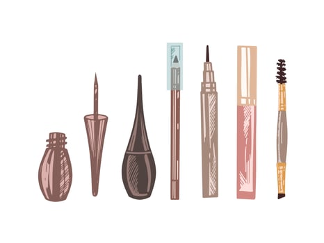 A set of flat style sketches of cosmetics, beauty, self-care elements. Illustration for beauty salon, cosmetic store, makeup design. Engraved image. vector