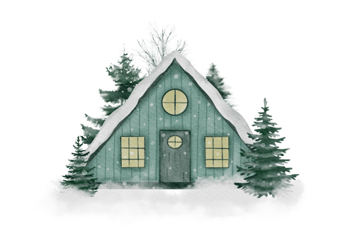 HoCozy Winter House in Snowy Forest with Warm Lights and Fir Trees png
