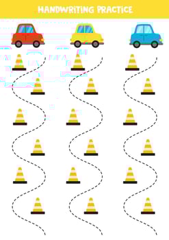 Tracing lines for kids. Cartoon colourful cars and traffic cones. Handwriting practice for children. vector