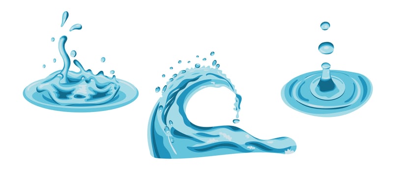 Collection of water splashes in realistic hand drawn style. Splashes of water or other liquid. Waves and drops movement. Illustration isolated on white background vector