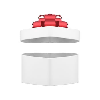 White open gift box heart shape with red luxury bow 3d icon realistic illustration vector