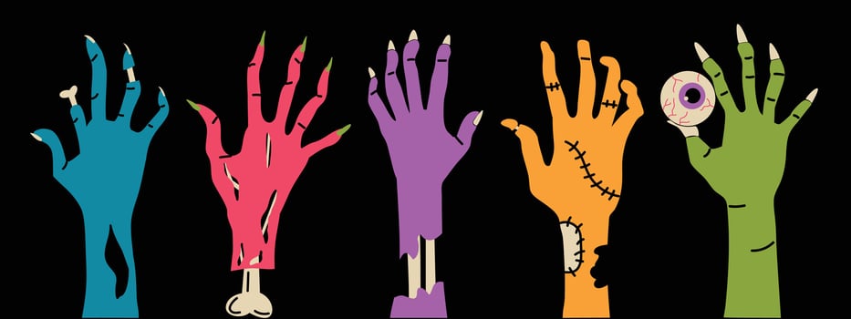 Zombie hands in different colors on a black background. illustration. Halloween concept vector