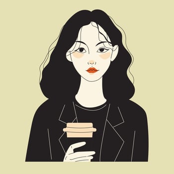 A young woman holds paper coffee cup. girl in modern asian style. vector