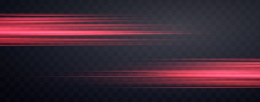 Speed rays, velocity light neon flow, zoom in motion effect, red glow speed lines, colorful light trails, stripes. vector