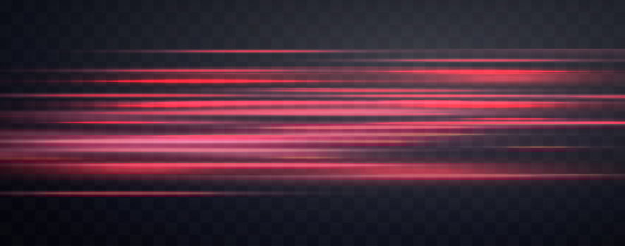 Speed rays, velocity light neon flow, zoom in motion effect, red glow speed lines, colorful light trails, stripes. vector