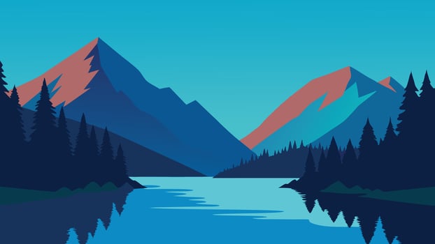 Mountain scene with a clear lake and verdant trees, capturing the essence of a peaceful natural environment flat illustration. vector