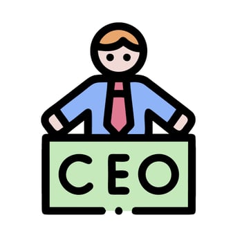 A man in a suit is standing in front of a sign that says ceo vector