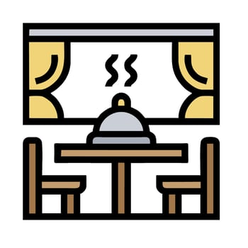 A restaurant table and chairs with a table and a window vector
