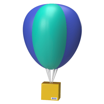 3D illustration of yellow box parcel fly with blue air balloon. png