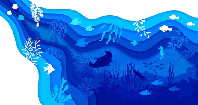 Underwater paper cut landscape, depth marine life vector