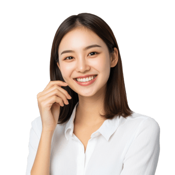 Asian woman smiling with her hand on her chin png