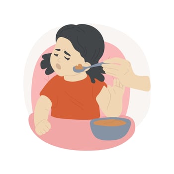 Toddler refuses to eat isolated cartoon illustration. vector