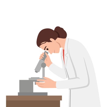 Doctor Examining Breast Cancer Cells under Microscope with Test Tube in Research Laboratory. vector