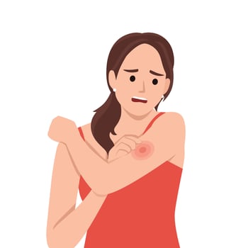 Young woman scratching arm. Female suffering from strong allergy skin itchy symptom. vector