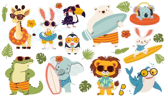 Set of illustrations in children's style on summer theme. Cute animals in sunglasses and surfboard. Lion polar bear penguin penguin shark toucan crocodile hare giraffe vector