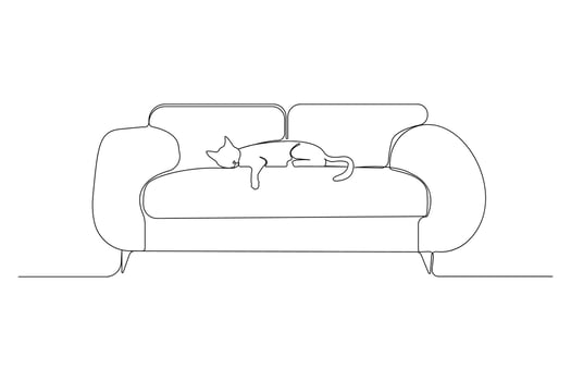 Hand-drawn cat sleeping on sofa continuous one-line art drawing. Couch outline illustration. vector