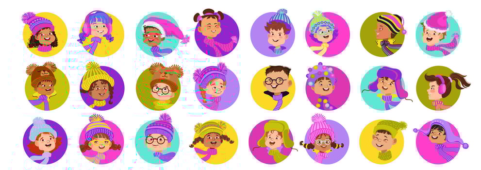 Happy cartoon children. Set of winter portrait avatars. Flat illustration. vector