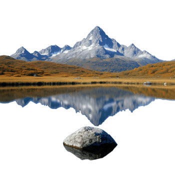 Beautiful mountain landscape reflected in a calm lake with clear skies and autumn colors on a transparent background png