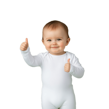 Smiling baby wearing a white onesie giving two thumbs up on a transparent background png