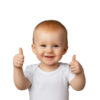 Smiling baby in a white onesie giving two thumbs up on a transparent background png