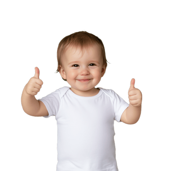 Happy baby in a white onesie giving a double thumbs up on a transparent background png
