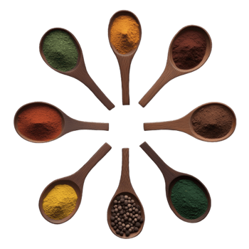 Wooden spoons arranged in a circle holding different colorful spices on a transparent background png