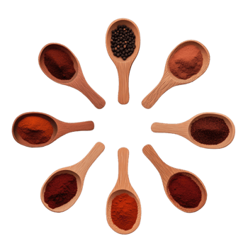 Circle of wooden spoons filled with vibrant red, black, and orange spices on a transparent background png