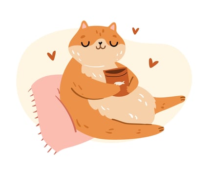 Cute orange cat character eating vector