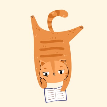 Orange cat character reading isolated. vector