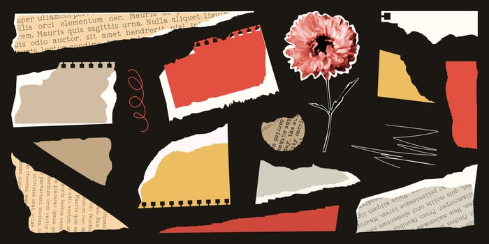 Collage Set elements for scrapbook. Trendy retro vintage paper cut, notebook sheet, old rip torn paper. Craft retro gazettes. Isolated illustration vector