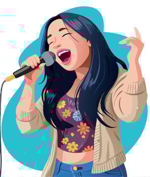 Young woman holding microphone singing with passionate expression vector