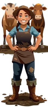 Proud female farmer standing with her cows in the mud vector
