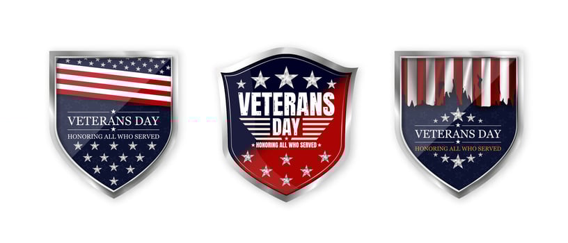 Veterans day. Set of realistic steel shield badges for the holiday veterans day. National holiday of the USA. vector