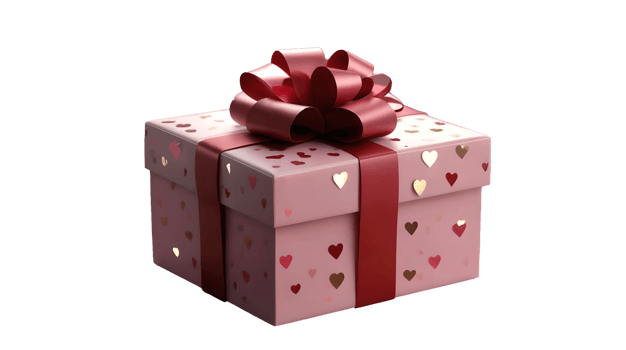 Isolated pink gift box with heart patterns and red ribbon, for Valentine's Day designs. Easily transportable for e-commerce and graphic projects png