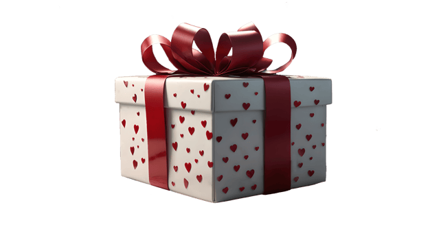 White box with red hearts and ribbon. Isolated white present, for Valentines or love-themed projects. Transportable for seamless design integration. png