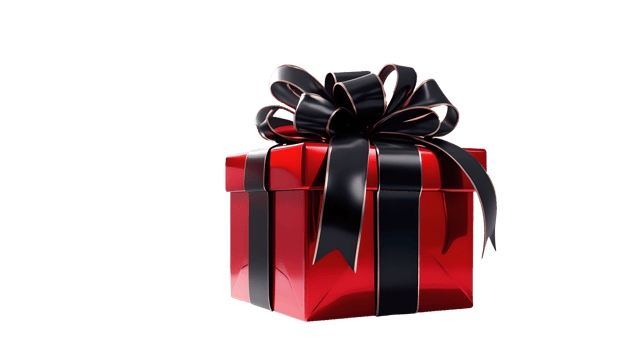 Isolated shiny red gift box with a black bow on a white background, easily transportable for holiday promotions or elegant packaging designs. png