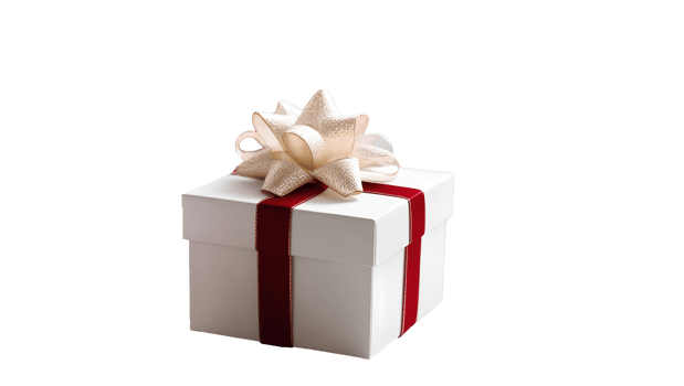 Isolated elegant white present with a red ribbon and soft bow, for Christmas or wedding designs. For transportable use in e-commerce or ads. png