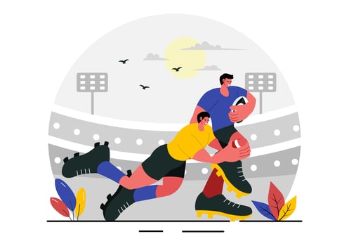 Rugby Game Illustration with a Player Holding the Ball in a Championship Stadium in Flat Cartoon Background vector