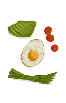 illustration of fried egg avocado slice asparagus tomato for breakfast vector