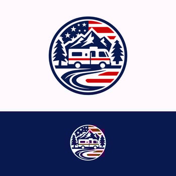 Patriotic Theme RV Van Travel Pine Mountain Creek Road America Flag Icon Logo Template vector