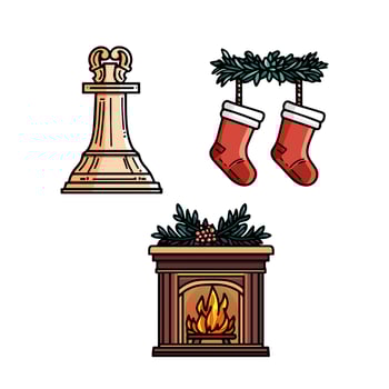 Christmas icons set with fireplace, stockings and a bell vector