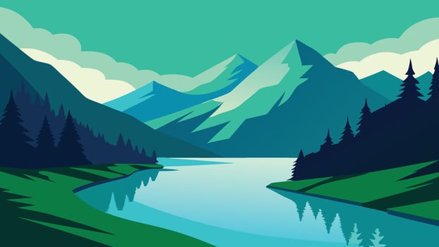 mountain lake with vibrant green water, surrounded by lush trees and a picturesque natural landscape flat illustration vector