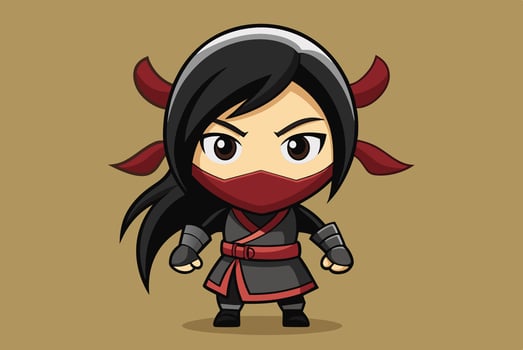 Charming animated ninja character with a red mask and black outfit stands confidently against a simple beige background vector