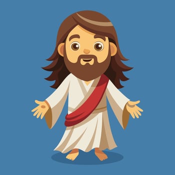 A cheerful cartoon depiction of a bearded man in flowing robes with outstretched arms on a bright blue background, symbolizing warmth and welcome vector