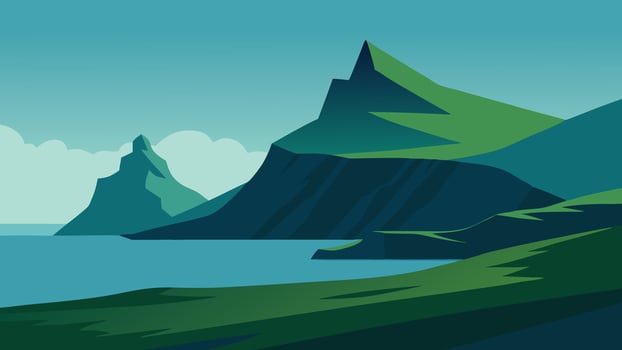 The Faroe Islands, featuring rugged rocks and tranquil waters surrounding the lush green landscape flat illustration vector