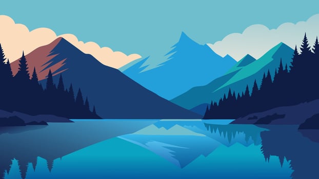 Nice lake nestled among majestic mountains and lush trees, reflecting the beauty of nature in a tranquil setting flat illustration vector