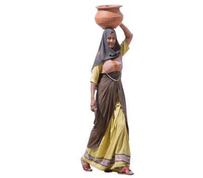 Woman carrying clay pot on head with transparent background png