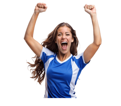 Excited young woman celebrating victory with raised arms png